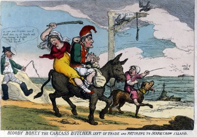 Englantilainen sarjakuva keisari Napoleon I:n maanpaosta edustaa aasilla matkalla Elban saarelle. 04/1814. tekijältä English School