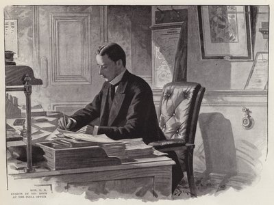 Englantilainen poliitikko George Curzon töissä toimistossaan Intian toimistossa (litho) tekijältä English School