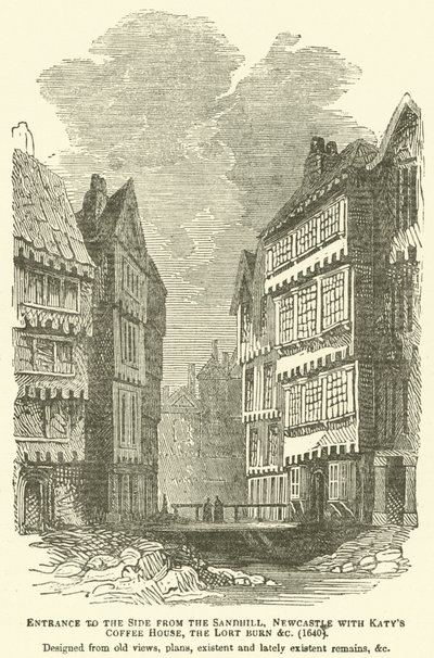 Sisäänkäynti puolelle Sandhillistä, Newcastle Katys Coffee Housella, Lort Burn jne., 1640, suunniteltu vanhoista näkymistä, suunnitelmista, olemassa olevista ja viime aikoina olemassa olevista jäännöksistä jne. tekijältä English School