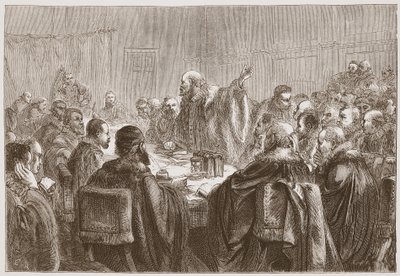 Episcopius puhuu Dortin synodin jäsenille, esimerkki James Aitken Wylien (1808-1890) teoksesta The History of Protestantism, pub. 1878 tekijältä English School