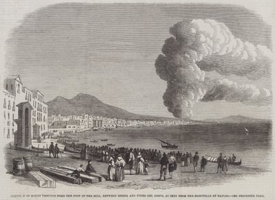 Vesuvius-vuoren purkaus lähellä kukkulan juurta, Resinan ja Torre del Grecon välissä, nähtynä Napolin Marinellasta (kaiverrus) tekijältä English School