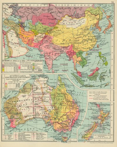 Eurooppa Aasiassa vuoteen 1914 asti. Australasian tutkimusmatkailu ja asuttaminen (värilitro) tekijältä English School