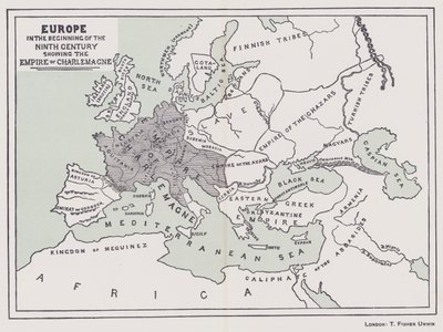 Eurooppa 1800-luvun alussa, jossa näkyy Kaarle Suuren valtakunta (värilitografia). tekijältä English School