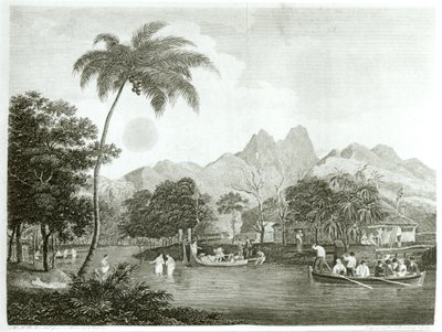Eurooppalaiset lähetyssaarnaajat tahitilaisessa kylässä, lähetysmatkasta eteläiselle Tyynellemerelle Esitetty vuosina 1796-1798 Ship Duffissa, julkaistu 1799 tekijältä English School