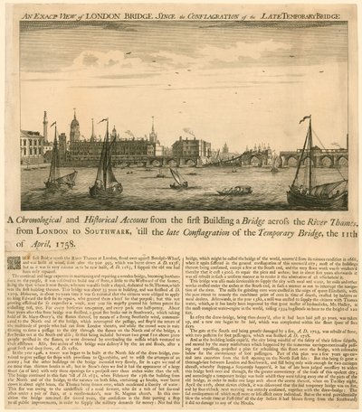 Tarkka näkymä London Bridgestä myöhäisen väliaikaisen sillan tulipalon jälkeen, 11. huhtikuuta 1758 tekijältä English School