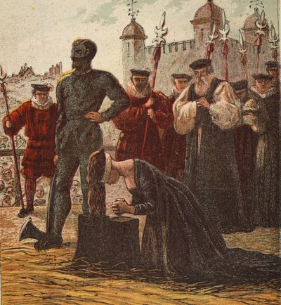 Lady Jane Greyn teloitus, pubi. 1890 (värilitografia) tekijältä English School