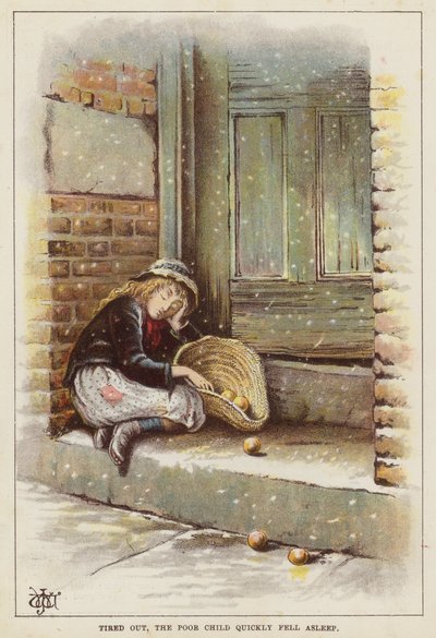 Väsynyt lapsi nukkuu kynnyksellä lumessa (chromolitho) tekijältä English School