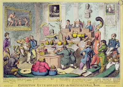 Näyttely Extraordinary in the Gardencultural Room, kaivertanut George Cruikshank (1792-1878), pub. kirjoittanut G. Humphrey, 1826 (värillinen etsaus) tekijältä English School