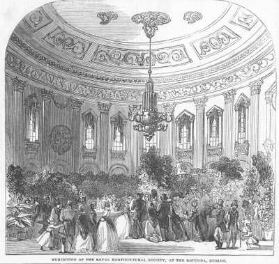 Kuninkaallisen puutarhayhdistyksen näyttely Rotundassa Dublinissa, kuvitus The Illustrated London News -lehdestä vuodelta 1854. tekijältä English School