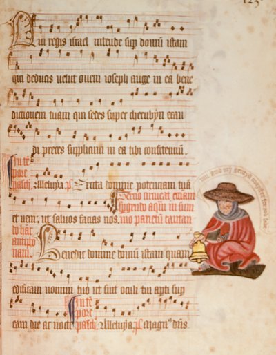 F.127 Nuotti, jossa on piirros spitaalisesta, n. 1400 (vellum) tekijältä English School