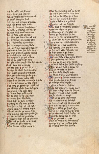 F98r, Ms New Coll 266, De confessio amantis, kirjoittanut John Gower (kynä ja muste perunakalvolla) tekijältä English School