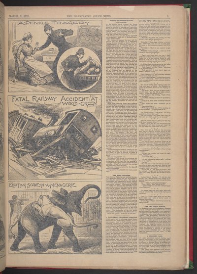 "KUOLEMAAN JOHTANUT RAUTATIEONNETTOMUUS WOOD-GREENISSÄ." Illustrated Police News, 9. maaliskuuta 1895 (sanomalehti). tekijältä English School