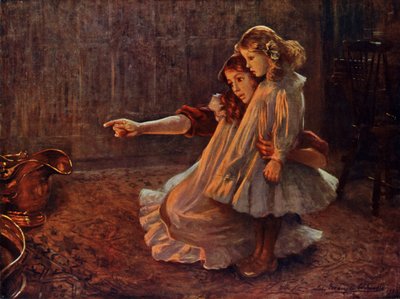 Kasvot liekeissä: nainen ja lapsi tuijottavat tuleen (väri litho) tekijältä English School