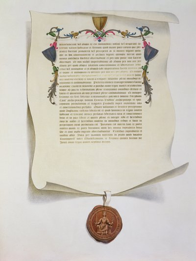 Magna Cartan faksimilepainos, joka julkaistiin ensimmäisen kerran vuonna 1225, 1816 tekijältä English School