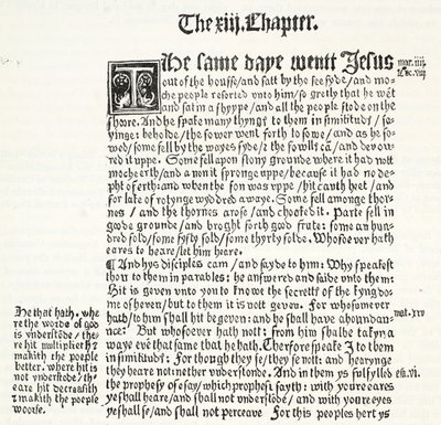 Faksimile of St. Matthews Gospel, luku XIII, jakeet 1-15, Tyndales Testamentista, kuvitus James Aitken Wylien (1808-1890) teoksesta The History of Protestantism, pub. 1878 tekijältä English School