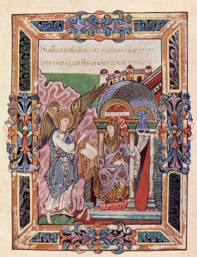 Faksimile Ethelwold Benedictionin sivusta, jossa näkyy Annunciation, kirjasta The Church of England: A History for the People, julkaistu noin 1910 tekijältä English School