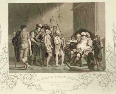 Falstaff Justice Shallowsissa, William Shakespearen (1564-1616) Henry IV:n (osa 2) III näytöksen 2. kohtaus tekijältä English School