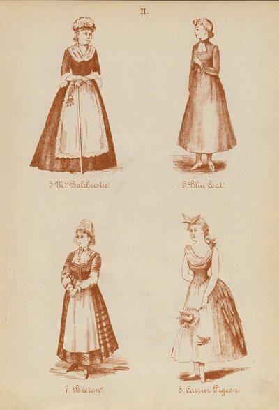 Naamiaisasut: Rouva Balchristie, sinitakki, bretoni, kirjekyyhkynen (litografia). tekijältä English School
