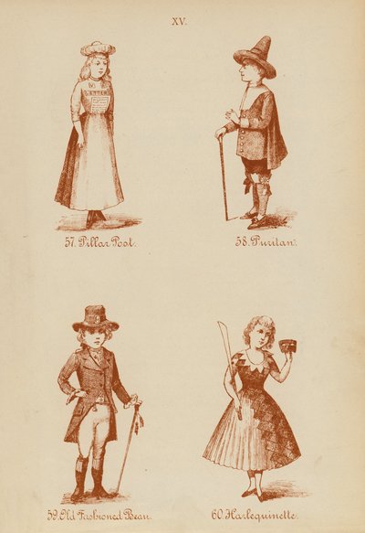 Naamiaisasut: Pillar Post, Puritan, Old Fashioned Bean, Harlequinette (litografia). tekijältä English School