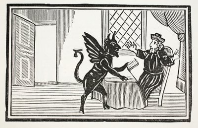 Faustus varoitti Hengen odottamaan hänen loppuaan, kuvitus John Ashtonin kirjasta Chap-books of the Eightenth Century, pub. 1882 tekijältä English School