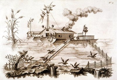 Kalastus merimetsojen kanssa vesiveneellä ja aidatulla aitauksella, kuvitus George Parkerin ja John Stalkerin teoksesta "Atractise of Japaning and Lakkaus...", julkaistu 1688 (litho) tekijältä English School