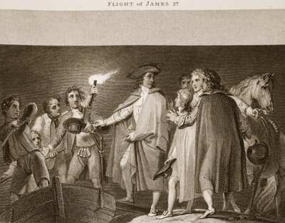 Flight of James 2nd, kuvitus David Humesta Englannin historia, pubi. R. Bowyer, Lontoo, 1812 tekijältä English School