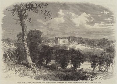 Floors Castle, Kelso, Roxburghen herttuan kotipaikka, Walesin prinssi ja prinsessa vierailevat (kaiverrus) tekijältä English School