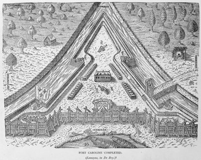Fort Caroline valmis, julkaisusta "The Narrative and Critical History of America", toimittanut Justin Winsor, Lontoo, 1886 tekijältä English School