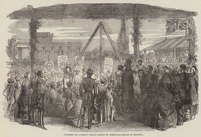Hindoo-naiskoulun perustaminen Cornwallis-aukiolle Kalkuttaan (kaiverrus) tekijältä English School