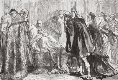 Francis I kuolinvuoteella, kuvitus James Aitken Wylien (1808-1890) teoksesta The History of Protestantism, pub. 1878 tekijältä English School
