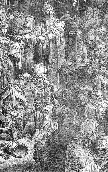 Frederick Barbarossan (1123-1190) tuomioistuin Mayencessa, Emile de Bonnechosen teoksesta The History of France, julkaisija Ward, Lock and Co, Lontoo (kaiverrus) tekijältä English School