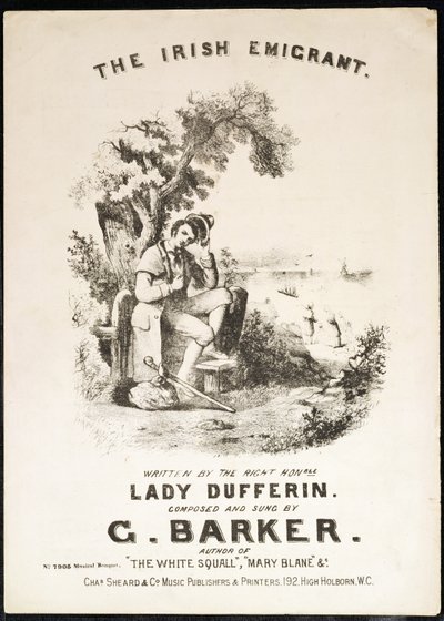 Lady Dufferinin kirjoittaman The Irish Immigrant -musiikkikappaleen etukansi, säveltäjä G. Barker tekijältä English School