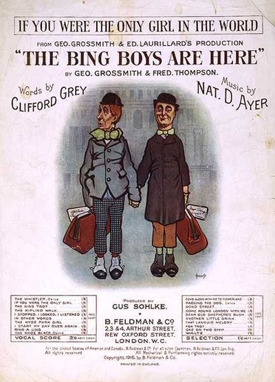 Geo Grossmithin ja Fred Thompsonin "The Bing Boys are Here" -musiikkikappaleen etukansi, sanat Clifford Grey, musiikki Nat D. Ayer (väri litho) tekijältä English School