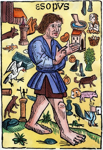 Aesopoksen ""Fables"" etukappale, William Caxtonin (1422? - 1491) Englannissa painamat painokset. tekijältä English School