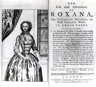 Etukappale ja nimisivu Daniel Defoen Roxanan elämä ja seikkailut, julkaistu 1765 tekijältä English School