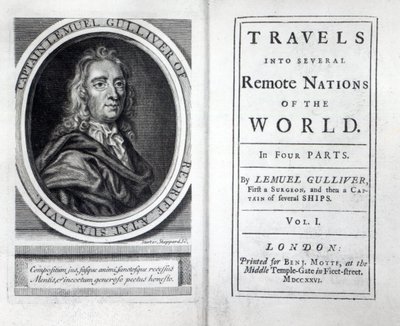Jonathan Swiftin Gullivers Travelsin etukappale ja otsikkosivu, 1726 tekijältä English School