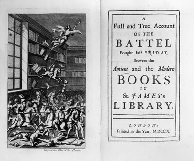 Jonathan Swiftin vuonna 1710 julkaistun The Battle of the Books -teoksen etu- ja otsikkosivu tekijältä English School