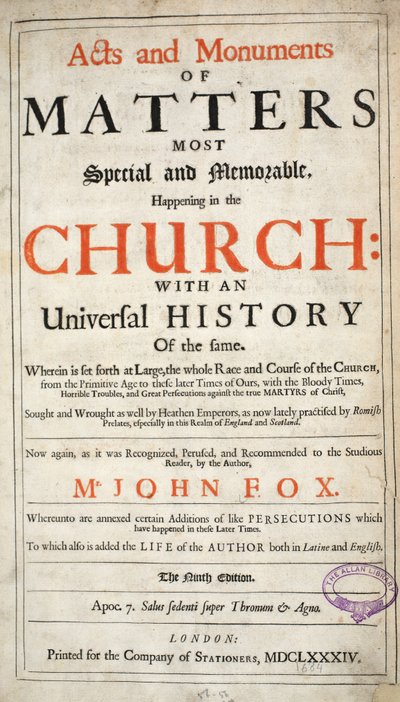 Frontispiece, John Foxen teoksista ja monumenteista, yhdeksäs painos, pubi. 1684 tekijältä English School