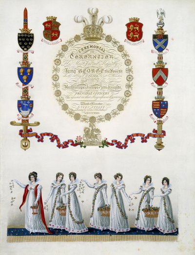 Etukappale, John Whittakerin "Hänen kaikkein pyhimmän majesteettinsa kuningas George neljännen kruunajaisten seremonialista", 1823 tekijältä English School