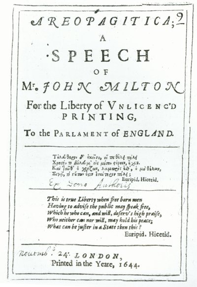 Areopagitican etukappale, John Miltonin (1608-74) pubin puhe. vuonna 1644 tekijältä English School