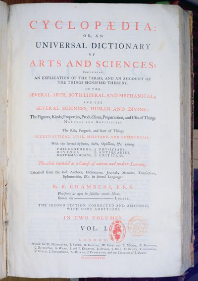 Frontispiece of Encyclopaedia: An Universal Dictionary of Arts and Sciences, Voi. I, Ephraim Chambers, Lontoo, 1738 (painettu paperi) tekijältä English School