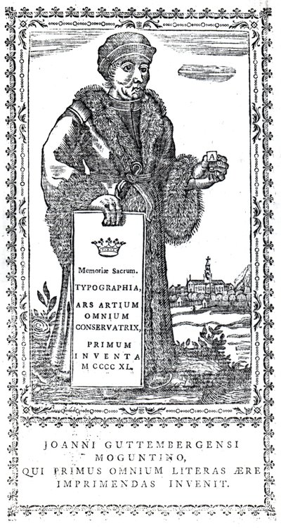 Johannes Gutenbergin etulevy Philip Luckomben kirjapainon alkuperän ja edistymisen tiivistä historiasta, julkaistu 1770 tekijältä English School