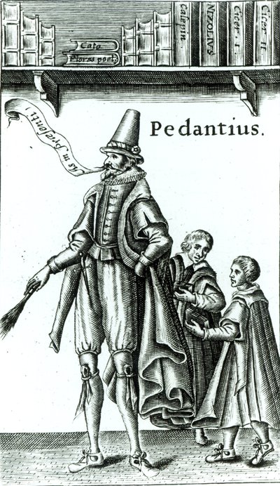 Edward Forsettin Cambridgessa vuonna 1581 valmistetun komedian "Pedantius" etuosa (puupiirros) tekijältä English School