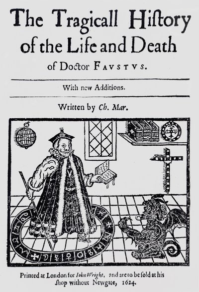 Tohtori Faustuksen elämän ja kuoleman traagisen historian etukappale, Christopher Marklin, n. 1616 tekijältä English School