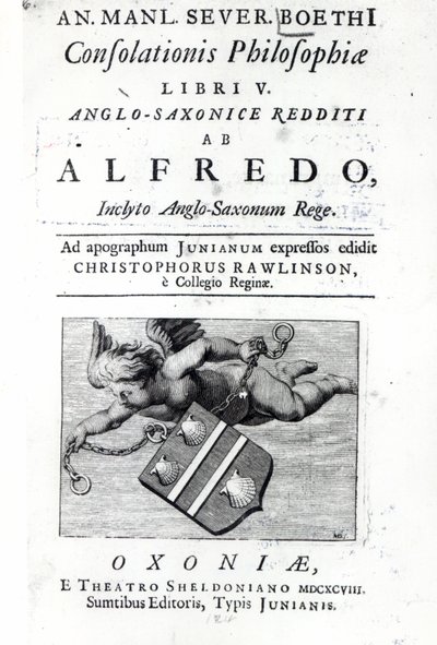 Frontispiece Christopher Rawlinsonille Alfred the Greatsin Boethius De Consolationis Philosophiaen painoksen käännös, 1698 (painettu) tekijältä English School