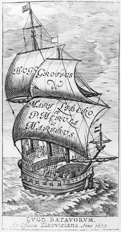 Hugo Grotiuksen ja Paulus van Merula de Maribusin etukappale De Maribus liberille, 1633 tekijältä English School
