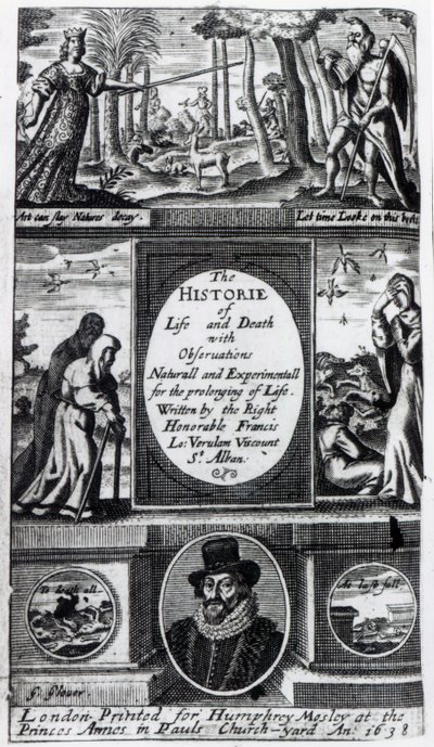 Frontispiece to Francis Bacons The History of Life and Death, julkaistu vuonna 1638 tekijältä English School