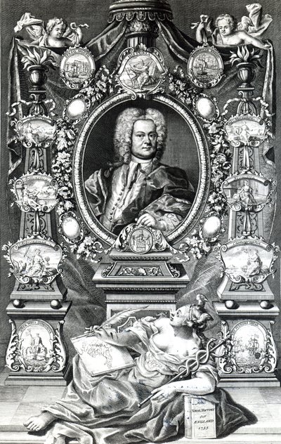 Thomas Lediardin Frontispiece to Naval History of England, julkaistu 1735 tekijältä English School