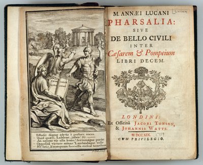Marcus Annaeus Lucanin (AD 39-65) kaiverrus J. Cole, 1719 Pharsalia tai Caesarin ja Pompeuksen sisällissota tekijältä English School