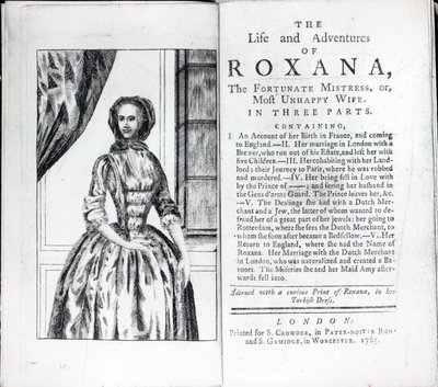 Frontispiece to Roxana, Daniel Defoen onnekas rakastajatar, painos julkaistu vuonna 1765 (painettu) tekijältä English School